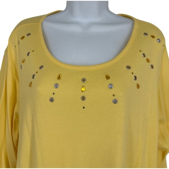 Quacker Factory Yellow Scoop Neck Top W/ Rhinestone & Grommet Design Size 2X - Picture 6 of 10
